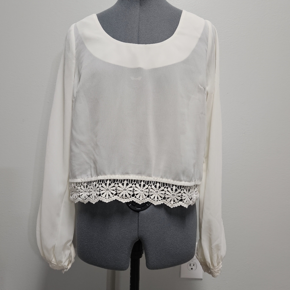 Double Zero Sheer White Long Sleeve Blouse Women's Medium Boho Neutral Coastal